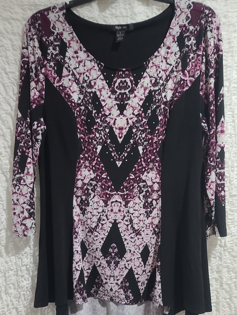 Style & Co. Black and Purple Printed Long Sleeve Tunic PTP 22
